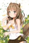  acorn animal_ears bad_id bad_pixiv_id bare_shoulders black_eyes blush breasts brown_hair cleavage flower highres long_hair mamemena original pleated_skirt skirt small_breasts solo squirrel_ears squirrel_tail tail 