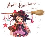  :o arms_up black_hat bow broom child dress hair_ribbon halloween hat long_hair mony open_mouth original pink_hair purple_dress red_eyes ribbon solo white_background witch_hat 