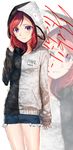  :| absurdres arm_at_side blue_shorts blush breasts character_name clenched_hand closed_mouth clothes_writing cutoffs denim denim_shorts exposed_pocket hand_up highres hood hood_up hooded_jacket jacket long_sleeves looking_at_viewer love_live! love_live!_school_idol_project nishikino_maki osuti purple_eyes red_hair shark_hood short_hair short_shorts shorts small_breasts solo zoom_layer 