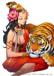  anklet barefoot black_hair bracelet breasts choker cleavage closed_eyes flower hair_flower hair_ornament haje hand_on_head highres jewelry long_hair medium_breasts necklace parvati shiny shiny_skin sid_story simple_background skirt smile solo tiger white_background 