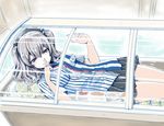  1girl alternate_costume bangs black_skirt blue_eyes blush breasts chiaki_tarou clerk convenience_store display employee_uniform finger_to_mouth grey_hair hat in_container in_refrigerator kantai_collection kashima_(kantai_collection) lawson long_hair looking_at_viewer lying miniskirt name_tag on_back parody pleated_skirt refrigerator shirt shop short_sleeves shushing silver_hair skirt smile solo striped striped_shirt twintails uniform vertical_stripes 