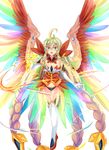  braids dunceneygak fairy feathers fire green_hair long_hair monster_girl multicolored_eyes multicolored_hair open_mouth thighhighs wings 