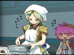  apron blush bowl chocolate chocolate_making cooking food hair_ornament hairclip head_scarf jitome komeiji_koishi komeiji_satori mixing_bowl mizuga multiple_girls open_mouth short_hair smile touhou 