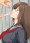  1girl bad_id bad_pixiv_id blush brown_eyes brown_hair commentary_request cup half-closed_eyes hetero ichigo_100_percent kosokosomaru_(higashi_taishi) long_hair school_uniform solo_focus suggestive_fluid tongue tongue_out toujou_aya 