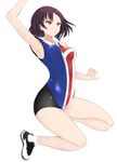  arm_up armpits bad_feet breasts brown_eyes brown_hair hanebado! jumping looking_up seseri7th shiwahime_yuika short_hair small_breasts solo sportswear white_background 