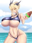  areola_slip areolae artoria_pendragon_alter_(fate/grand_order) beach bikini blonde_hair breasts cloud fate/grand_order fate_(series) huge_breasts kommankom legs looking_at_viewer muscle ocean saber_alter sky swimsuit thighs underboob water wide_hips yellow_eyes 
