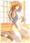  1girl adjusting_hair artist_request breasts cleavage dead_or_alive fundoshi kasumi_(doa) kettsu looking_at_viewer navel sitting solo stomach wariza 