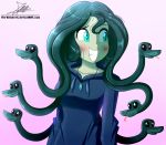  blue_eyes blush clothing equestria_girls fan_character female forked_tongue gorgon hoodie humanoid jewelry my_little_pony necklace reptile scalie slit_pupils snake solo the-butcher-x tongue tongue_out 