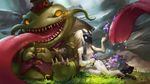  1girl claws fangs flower furry glowing glowing_eyes hat kindred lamb_(league_of_legends) league_of_legends long_tongue mask saliva sitting skence tahm_kench tongue top_hat 