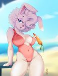  2018 anthro big_breasts blue_eyes blurred_background breasts carrot clothing female food hair half-closed_eyes krakenparty lagomorph mammal navel nipple_bulge open_mouth outside rabbit short_hair solo swimsuit vegetable wide_hips 