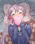  :x akebono_(kantai_collection) animal_print bell blanket blue_sweater blush box bunny_print commentary_request covering_mouth flower full-face_blush gift hair_bell hair_flower hair_ornament heart-shaped_box jingle_bell kantai_collection long_hair long_sleeves looking_away lying on_back pillow purple_eyes purple_hair purple_ribbon ribbon school_uniform serafuku side_ponytail solo sweater upper_body valentine very_long_hair yakitomeito 