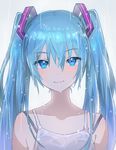  aqua_eyes aqua_hair bra_strap hatsune_miku head_tilt long_hair looking_at_viewer rain revision saitou_naoki solo twintails upper_body vocaloid white_background 