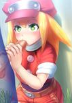 1girl absurdres artist_name bad_id bad_pixiv_id blonde_hair blush censored fellatio gloves green_eyes hat hetero highres looking_up mosaic_censoring notori_d oral penis red_shorts rockman rockman_dash roll_caskett shorts sleeves_rolled_up solo_focus 