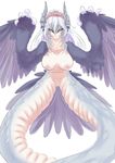  1girl areolae black_sclera breasts claws dunceneygak feathered_wings horns large_breasts lavender_hair long_hair looking_at_viewer monster_girl navel nipples nude orange_eyes original simple_background solo spread_legs tail_feathers white_background wings 