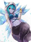  1girl blue_hair blue_skin breasts cleavage closed_mouth fang female hellice_frost_demon_(p&amp;d) hood hoodie horns ice long_sleeves looking_at_viewer midriff monster_girl navel purple_eyes puzzle_&amp;_dragons smile solo white_background wings yukihama 