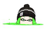  beanie black_hat commentary_request droplet eyelashes face green_eyes green_hair hat hidden_mouth highres inkling looking_at_viewer obscured partially_submerged poaro puddle simple_background solo splatoon_(series) splatoon_1 white_background 
