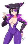  alternate_costume bad_id bad_tumblr_id bigdead93 black_hair bodysuit breasts center_opening cleavage covered_navel eyepatch fingerless_gloves gloves grin han_juri hand_on_hip high_collar highres medium_breasts no_bra print_eyepatch purple_bodysuit purple_eyes shoulder_pads smile solo street_fighter street_fighter_v v 