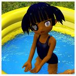  1girl 3d blue_hair child dark_skin eyepatch isadora_finnsdottir loli looking_at_viewer lotte_no_omocha! open_mouth outside pool purple_eyes short_hair swimsuit tagu-2 twintails 