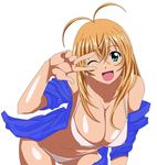  1girl ahoge bikini blonde_hair blue_eyes breasts cleavage erect_nipples fang ikkitousen large_breasts leaning_forward long_hair looking_at_viewer one_eye_closed open_mouth smile solo sonsaku_hakufu swimsuit tagme 