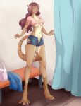  2018 anthro breasts carousel-cat claws clothing felid feline female hair inside long_hair mammal navel nipple_bulge open_mouth red_hair solo standing torn_clothing transformation worried 