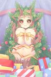  blush bow box breast_squeeze breasts brown_sclera christmas christmas_ornaments christmas_tree colored_eyelashes convenient_censoring dryad dunceneygak earrings eyebrows gift gift_box highres horns huge_breasts jewelry leaf looking_at_viewer monster_girl naked_ribbon navel nude original personification plant_girl plant_hair ribbon smile snowing solo star thigh_gap wood wrapped_up yellow_eyes 
