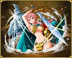  1girl armor armpits bikini_armor braid breasts female gladiator gloves helmet large_breasts long_hair one_piece pink_hair rebecca_(one_piece) smile solo sword weapon 