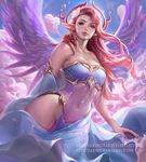  1girl aphrodite cloud clouds earring flower greek_mythology looking_at_viewer midriff navel pink_hair pointy_ears sakimichan sequins solo stomach 