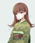  brown_eyes brown_hair flower flower_in_mouth ica japanese_clothes kantai_collection kimono lily_(flower) long_hair ooi_(kantai_collection) solo 