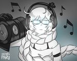  admiral_paru artist_name beamed_eighth_notes boombox bra_strap braid cowlick dated eighth_note glasses hair_scarf headphones kantai_collection long_hair monochrome musical_note opaque_glasses shinkaisei-kan solo supply_depot_hime white_hair white_skin 