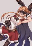  arm_up armpits aya_shachou bare_shoulders black_gloves black_legwear blush breasts brown_hair cape clarisse_(granblue_fantasy) commentary_request covered_navel covering_face gloves granblue_fantasy green_eyes hair_ribbon long_hair looking_at_viewer medium_breasts open_mouth ponytail ribbon skirt smile solo thighhighs 