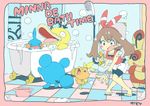 1girl blush bubbles haruka_(pokemon) marill mudkip nintendo onimotsu pokemon pokemon_oras psyduck soap spinda torchic 