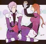  1boy 1girl angelo_sauper bodysuit closed_mouth full_body gloves gundam gundam_unicorn long_hair looking_at_another marida_cruz orange_hair ponytail purple_eyes silver_hair sitting snj wavy_hair 