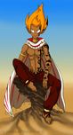  1boy barefoot cape dark_skin desert gem god gold iop jewelry male_focus orange_hair pointy_ears runes shirtless sitting smile stone tattoos topless tristepin_percedal wakfu 