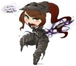  armor blush brown_hair chibi dark_souls dark_souls_2 dark_souls_ii from_software genderswap green_eyes looking_at_viewer old_dragonslayer ponytail souls_(from_software) spear thick_thighs 