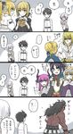  3boys 4koma 6+girls :d ? artoria_pendragon_(all) berserker black_hair blonde_hair blue_eyes blush breasts cape chaldea_uniform comic creature dark_skin dark_skinned_male detached_sleeves dragon_horns eating elizabeth_bathory_(fate) elizabeth_bathory_(fate)_(all) empty_eyes expressionless fate/apocrypha fate/extra fate/extra_ccc fate/grand_order fate/stay_night fate/unlimited_codes fate_(series) flying_sweatdrops food fou_(fate/grand_order) fujimaru_ritsuka_(male) glasses green_eyes helmet holding holding_weapon horns hug jeanne_d'arc_(fate) jeanne_d'arc_(fate)_(all) long_hair mash_kyrielight multiple_boys multiple_girls open_mouth pantyhose ponytail purple_eyes purple_hair saber saber_alter saber_lily sakata_kintoki_(fate/grand_order) shirtless short_hair silver_hair small_breasts smile spoken_ellipsis spoken_question_mark sunglasses sweatdrop translated uniform ushiwakamaru_(fate/grand_order) weapon yellow_eyes yuko_(taxidermy) 