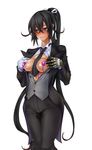  black_hair black_neckwear blue_eyes blush breasts breasts_outside butler commentary_request cowboy_shot female_butler fuuma_amane gloves hair_between_eyes hair_ribbon highres long_hair looking_away necktie nose_blush open_clothes ponytail prosthesis prosthetic_arm ribbon shindou_l single_glove small_breasts solo sweat tailcoat taimanin_(series) taimanin_asagi_kessen_arena unbuttoned very_long_hair vibrator_on_nipple wet wet_clothes white_gloves white_ribbon 