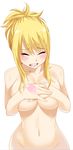  1girl blonde_hair blush breast_hold breasts clenched_teeth covering eyes_closed fairy_tail gaston18 large_breasts long_hair lucy_heartfilia mound_of_venus navel nude simple_background teeth wide_hips 