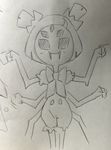  extra_eyes fangs gradient gradient_background itimu lineart looking_at_viewer monochrome monster_girl muffet multiple_arms multiple_eyes photo short_hair short_twintails simple_background smile solo spider_girl traditional_media twintails undertale white_background 