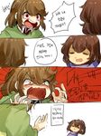  4koma androgynous angry bad_id bad_twitter_id brown_hair chara_(undertale) close-up closed_eyes collared_shirt comic emphasis_lines expressionless face frisk_(undertale) highres korean koyashaka long_sleeves multiple_others red_background red_eyes shaded_face shirt shouting simple_background spoilers striped striped_sweater sweatdrop sweater translated undertale white_background 