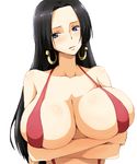  1girl artist_request black_hair blue_eyes blush boa_hancock breasts cleavage crossed_arms earrings female huge_breasts jewelry long_hair one_piece shounen_jump solo 