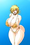  1girl arms_behind_back bikini blonde_hair blue_eyes breasts cameltoe cleavage curvy erect_nipples gigantic_breasts hair_over_one_eye hellsing looking_at_viewer open_mouth pixiv_manga_sample seras_victoria short_hair solo standing swimsuit thick_thighs wide_hips wrato 