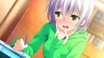  blush book bookshelf collarbone female game_cg hood hoodie ichiban_janakya_dame_desu_ka? kinta_(distortion) long_sleeves open_mouth rosebleu shijou_sango short_hair silver_hair solo yellow_eyes 