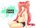  1girl bare_shoulders breasts character_name lips long_hair nanaly_fletch red_eyes red_hair shorts shorts_shorts sitting solo tales_of_(series) tales_of_destiny_2 topless twintails very_long_hair 