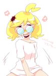  1girl bed blonde_hair citron_(pokemon) clothed embarrassed genderswap glasses pokemon sweatdrop 