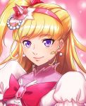  1girl blonde_hair bow bowtie cure_miracle earrings eyebrows_visible_through_hair hair_bow hairband hat jewelry long_hair looking_at_viewer mahou_girls_precure! nyaasora pink_hairband pink_hat precure purple_eyes red_bow red_neckwear shiny shiny_hair side_ponytail smile solo witch_hat 