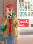  1girl brown_eyes brown_hair coca-cola digimon digimon_adventure_tri. drink drinking jacket long_hair scarf solo tachikawa_mimi winter 