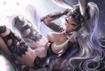  1girl animal_ears breasts bunny_ears cleavage dark_skin final_fantasy final_fantasy_xii fran grey_hair hair_over_breasts pelvic_curtain red_eyes sakimichan solo 