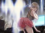  1girl \m/ blonde_hair bra bracelet breasts dj hand_on_headphones headphones jewelry letterboxed light lights lingerie long_hair looking_back mixer original saitou_masatsugu skirt solo stage_lights underwear 