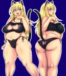  1girl ass bare_shoulders bbw bell belly blonde_hair blue_eyes blush borrowed_character breasts butt_crack cat_ears cat_keyhole_bra cat_lingerie cat_tail cleavage cleavage_cutout fat female large_breasts long_hair multiple_persona nanashi_mushi navel necklace open_mouth original plump shipo_aki simple_background smile solo standing tail underwear 