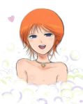  1girl :d bare_shoulders blue_eyes brown_hair collarbone elpeo_puru flat_chest gacha-m gundam gundam_zz heart jewelry looking_at_viewer necklace nude open_mouth portrait short_hair simple_background sketch smile soap solo white_background 